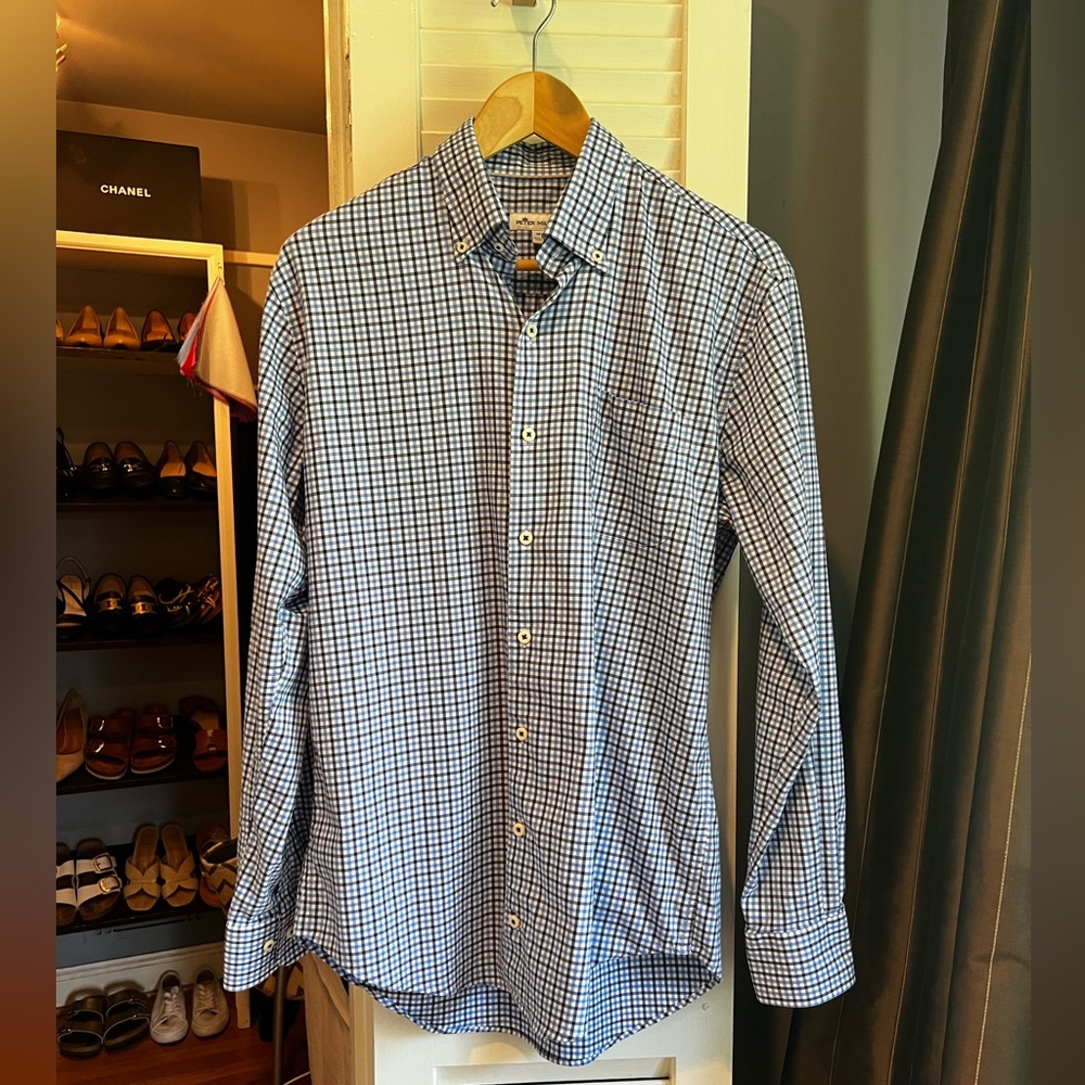 Peter Millar Men's Button Front Long Sleeve Medium Blue White Check Shirt